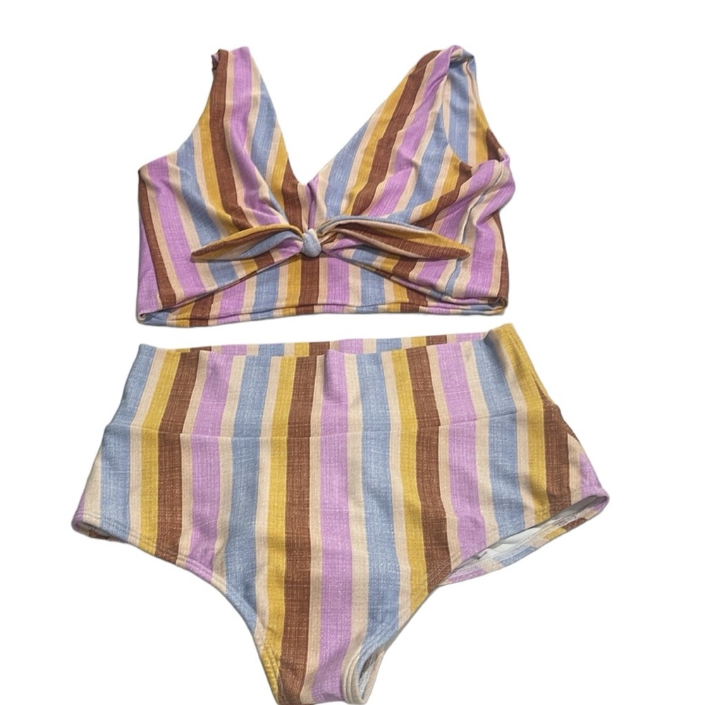 Montce Pastel Multi-Striped Tie-Front Bikini Top - Pink, Blue, Yellow, Brown - Picture 3 of 5